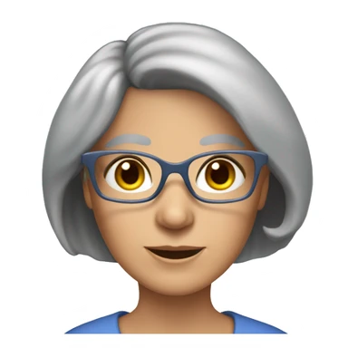 Grey long bob haired lady aged 55 76 kg brown eyes blue square glasses sticker
