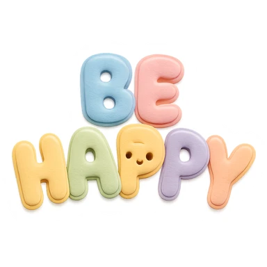 Soft pastel rainbow soft puffy text for "Be Happy", kawaii style, no frame, isolated design, transparent background sticker