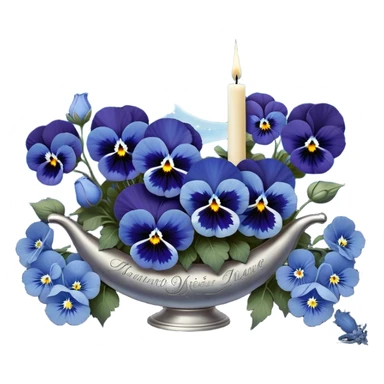 A mesmerizing celestial scene where deep blue pansies intertwine with delicate light blue flowers, their petals shimmering under the glow of a silver crescent moon. The background features a vast, dark sky illuminated by soft constellations, with zodiac symbols faintly glowing amidst swirling nebulae. A pearl-colored candle, engraved with intricate astrological glyphs, rests atop an elegant glass pedestal, reflecting the mystical starlight. Delicate silver rings and planetary orbits float subtly in the air, adding a cosmic rhythm to the composition. Tiny shooting stars leave trails of stardust, weaving between the flowers like whispers of forgotten prophecies. sticker