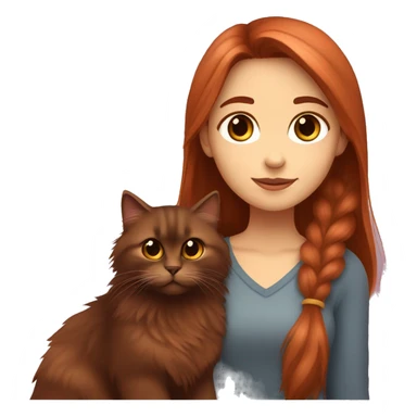 Copper red straight haired girl with dark  brown eyes hugging a fluffy dark brown Siberian cat sticker
