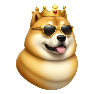 protrait side view of a cute fat doge with golden crown and sunglasses sticker