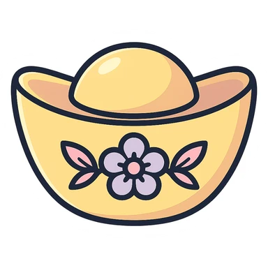 Chinese gold ingot with floral decor, icon-color-outlined style, detailed shadows and highlights, thin clean contours, soft rounded shapes, pastel palette #98B5BC, #B5B3C1, #C9A3C9, #E4C0CA, #F7DCD1, #F7C0AA, modern Japanese pop art and sticker aesthetics, high detail, vector sharpness, soft lighting, transparent background sticker