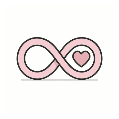 pink infinity sign with clear shadows and highlights, simple heart inside the right loop of the infinity symbol, in flat pink gray style sticker