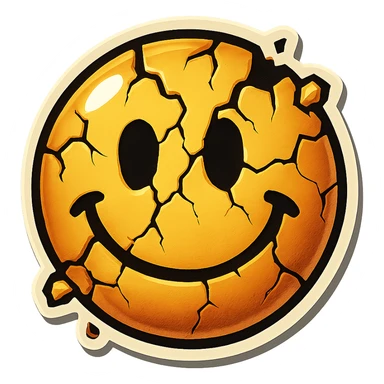 creepy cracked emoji with chips, retro stickers style, sharp black outlines, clear shadows and highlights, no gradients sticker
