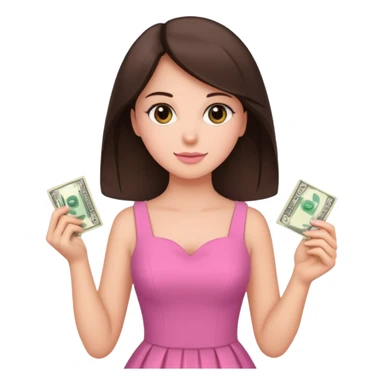 brunet Woman wearing pink dress holding dolar sticker