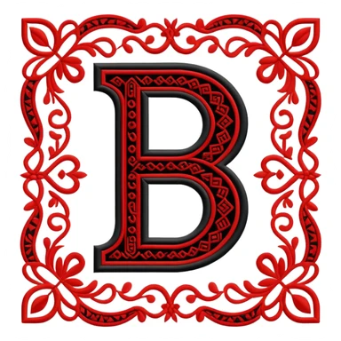 Stylized ruble sign (₽) with Udmurt traditional embroidery patterns, ethnic geometric decoration, red black and white colors sticker