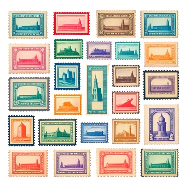 Icon for Stamp Collecting: a collection of vintage and colorful stamps arranged in an album or on a desk, with a large stamp block in the center showcasing different themes. The icon should reflect the charm and history of philately. Transparent background. sticker