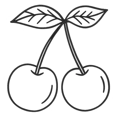 Two cherries with golden stems connected, paired with dark green leaves sticker