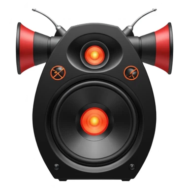 Head: A black KLIPSCH RP-8000F speaker, often represented with a red center or speaker cone.
Core: A small, bright glowing cherry-red circle representing his core.
Weapons: Shoulder-mounted speakers and plasma cannons on his arms.  sticker