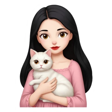 Beautiful Girl Long Hair black, Brows Big , Skin White, Dress Pale Pink , Big Red Lips, EyesCoffe , Hug Little baby Persa Cream Cat With Cute Eyes sticker