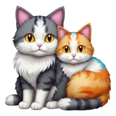 full body large dark grey and white cat cuddling a colourful light patched calico + white tabby cat  sticker