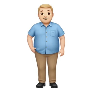 A cheerful overweight man wearing a light blue button-up shirt, brown trousers, and polished black shoes, standing with a friendly smile, simple cartoon style, emoji design sticker