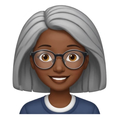 smiling dark black woman wearing glasses with lots of gray hair a sticker