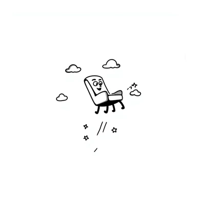 Hand-drawn flying chair with googly eyes and a happy expression, soaring through the sky sticker