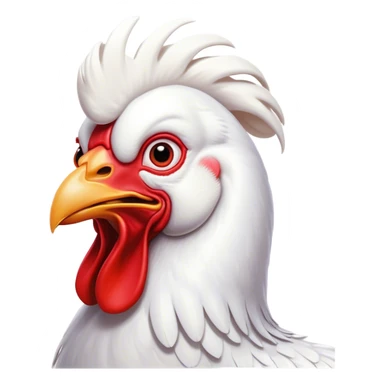 Cinematic Comical White Rooster Portrait Emoji, Head tilted dramatically with an exaggeratedly shocked or amused expression, featuring a striking pure white plumage with a bold red comb, wide, expressive eyes filled with playful disbelief, Simplified yet hilariously expressive features, highly detailed, glowing with a slightly sassy glow, high shine, dramatic yet playful, stylized with an air of cheeky mischief, bright and endearing, soft glowing outline, capturing the essence of a spirited and over-the-top rooster, so meme-worthy it feels like it could crow its way into internet fame instantly! sticker