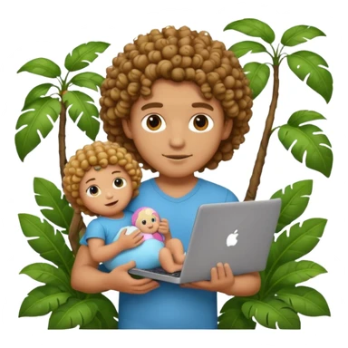 a guy with curly hair in the middle of the jungle holding a baby doll and a laptop, emoji style, more focus on the baby doll sticker