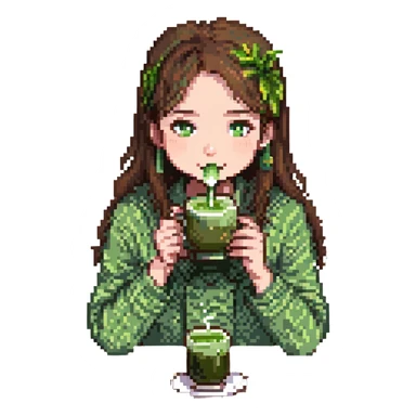 a girl with brown hair drinking matcha sticker