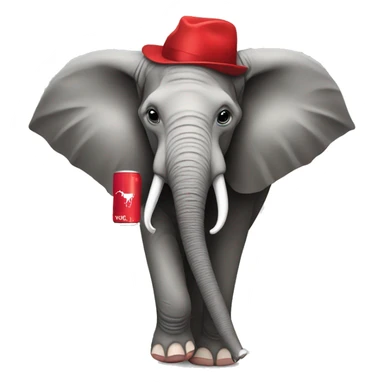 Elephant wearing red holding a Red Bull sticker