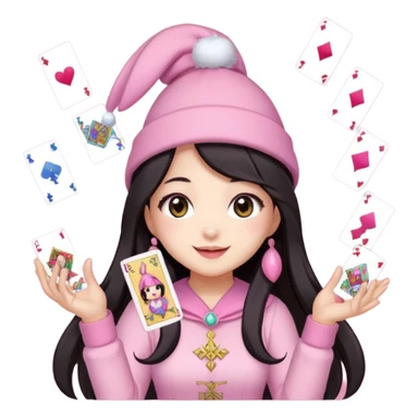 pixel art chibi asian girl with dark long hair in pink bunny hat magical girl with tarot cards thrown in air pixel emoji sticker