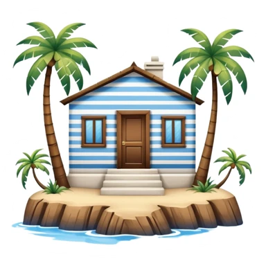 A full square 1 by 1   white and blue stripe building  horizontally with brown wooden door on a island with palm trees  sticker