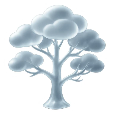 tree with many branches, white trunk, crown made of bright white convex clouds, matte glass style sticker