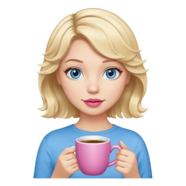Girl Blonde short wavy hair,  blue eyes, cute blue top, long lashes, pink lips, holding hot white coffee mug sticker