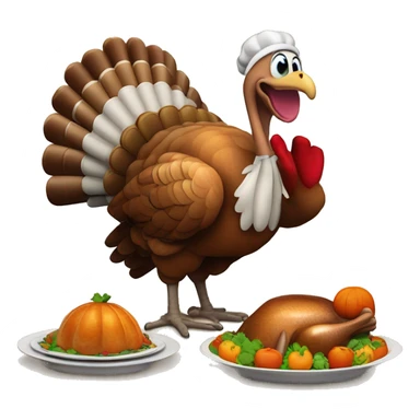 A happy turkey with plates of food in front of it with a cornucopia behind the turkey ￼ sticker