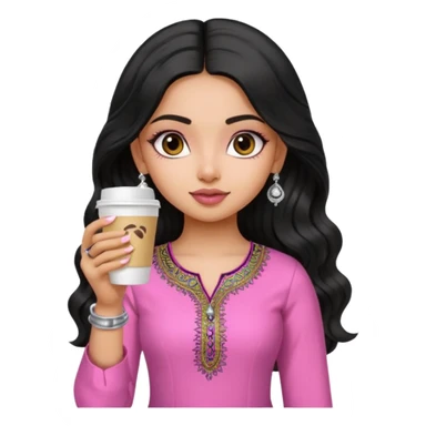 a pretty bratz fair indian girl wearing a pink kurti, drinking takeaway coffee. Silver jhumkas, black wavy hair sticker