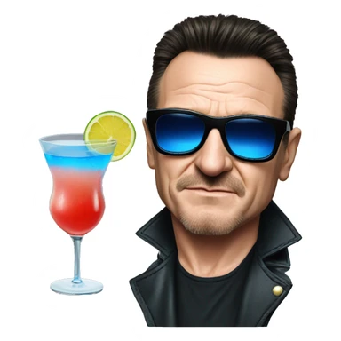 Bono with blue tinted sunglasses and a cocktail sticker