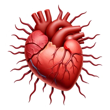 Glowing cuts of red meat and liver surrounding a bright red heart. Red blood cells float around the heart, with energy streams connecting the meat to the blood cells and heart, showing how iron-rich foods power circulation and vitality. sticker