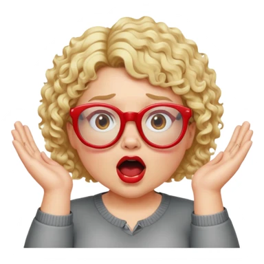 Blonde woman with short curly hair, slightly overweight, wearing red-framed glasses, shouting with hands on both sides of her mouth sticker