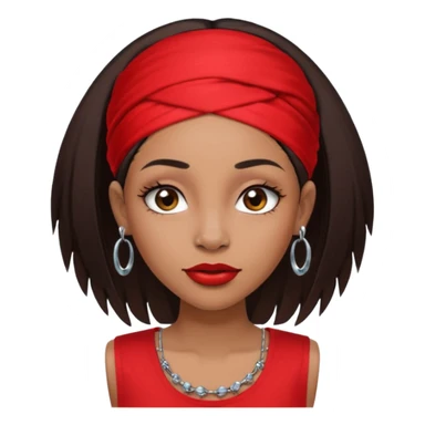 light-skinned black girl with long eyelashes with long strait dark brown hair with edges wearing a red top with no sleeves. and a red accessory on her head with nose and mouth piercings. sticker