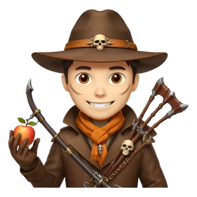 male human monster hunter emoji, wearing brown leather coat and wide hat, holding crossbow, with amulet shaped like skull, Halloween fantasy theme, confident smile, orange scarf, Apple emoji style, clean white background, square image sticker