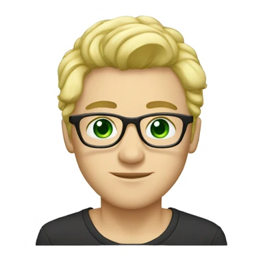 male, nose-piercing, cold blond hair, glasses, green eyes, black-t-shirt sticker