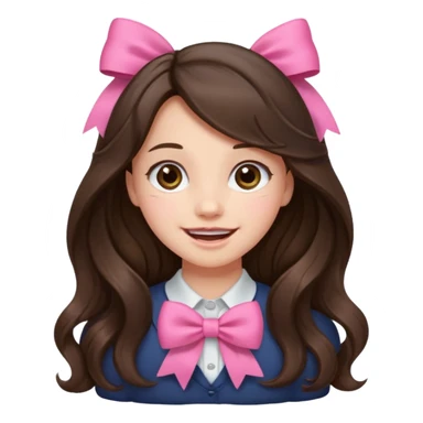 Brunette, long wavy hair, girl emotions and a pink bow sticker