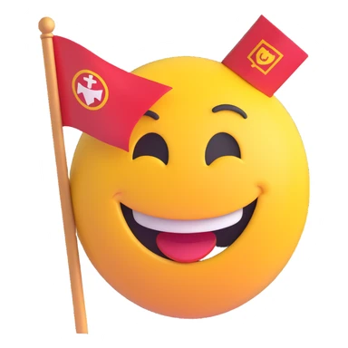 3D smiley emoji, round shape, student with university flag, yellow color, proud face sticker