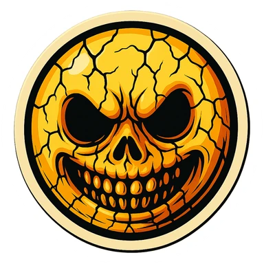 creepy scary emoji with cracks, retro stickers style, sharp black outlines, expressive shadows and highlights, no gradients, only sharp color transitions sticker