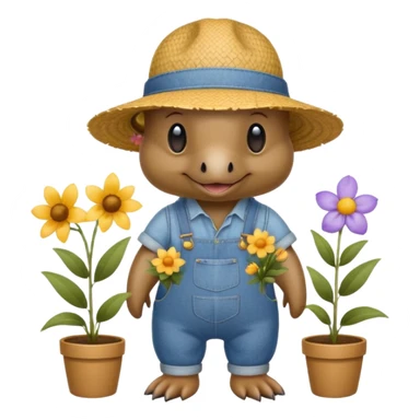 cute platypus in a straw gardening hat and blue denim overalls holding flowers sticker