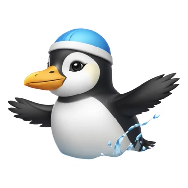 A cheerful penguin swimmer in swim cap, doing a playful backstroke with water rings popping around.
 sticker