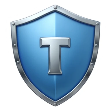 a metallic shield with a blue letter "i" sticker