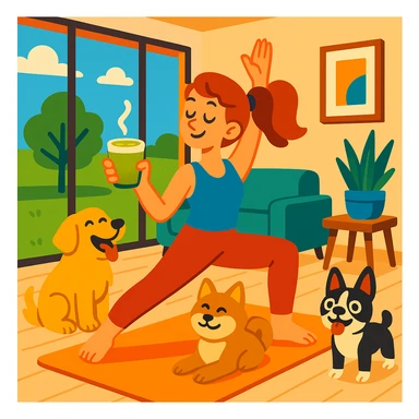 woman doing yoga in a modern house with a grassy yard, matcha latte in hand, dogs happily surrounding her sticker