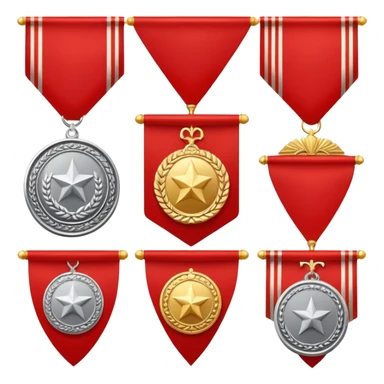 Icon for Collecting Orders, Medals & Badges: a variety of medals, orders and badges displayed on a large red pennant with fringed edges. The icon should convey the prestige and historical value of these collectibles. Transparent background. sticker