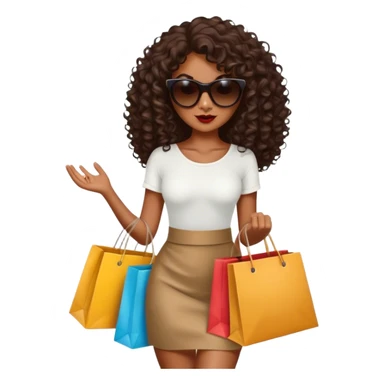 Rich dark brown girl with dark brown mid-length curly hair expensive retail shopping bags and sunglasses sticker