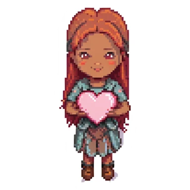 pixel art of a pink heart with a girl character with red hair, brown eyes, brown skin integrated into the heart design sticker