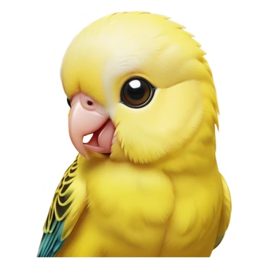 Cinematic Cute Yellow Budgie Portrait Emoji, Head tilted playfully and inquisitively, featuring a radiant yellow feathered fur with a natural sheen, round, sparkling dark eyes filled with curiosity, Simplified yet irresistibly adorable features, highly detailed, glowing with a warm, friendly glow, high shine, affectionate and lively, stylized with a touch of whimsy, bright and endearing, soft glowing outline, capturing the essence of a mischievous yet loving budgie, so playful it feels like it could chirp out of the screen and into your arms! sticker