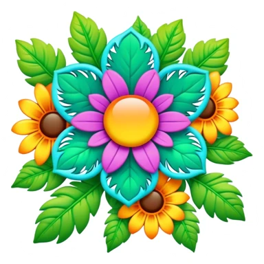 3D, psychedelic colored hippie style flower border with leaves sticker