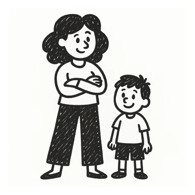 Create an image of a confident mom with a child by her side in the style of hand drawn notion doodles. The style is doodle, which does not support text editing, so use the general style editor to replicate the doodle look. sticker