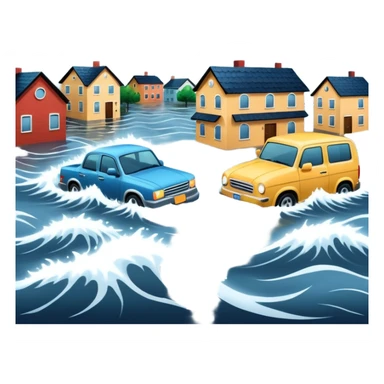 showing a flood disaster scene with strong water waves overflowing streets, partially submerged houses and cars, dark cloudy sky sticker