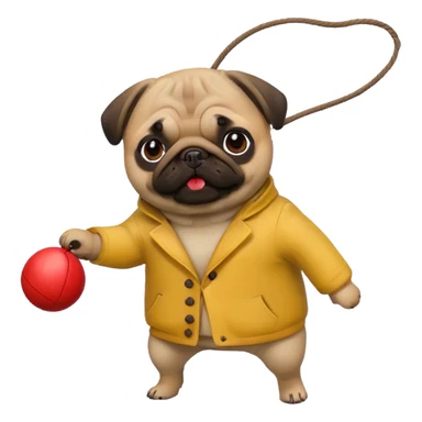 A pug in a yellow coat holds a red ball on a string sticker