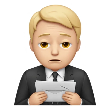  emoji character wearing a suit. face has a very sad crying, disappointed expression with drooping eyebrows and half-closed eyes. posture is dejected, with slumped shoulders just rejected from his interview to get a job, holding cv. dont relate to any gender sticker